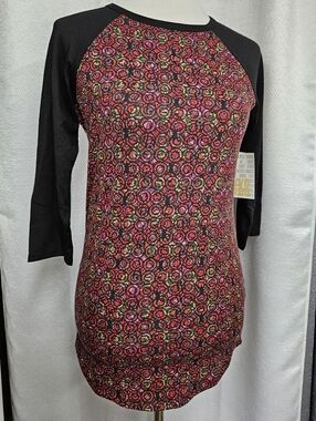 LuLaRoe XXS Randy T Black Top with Red, Pink & Yellow Floral Swirls